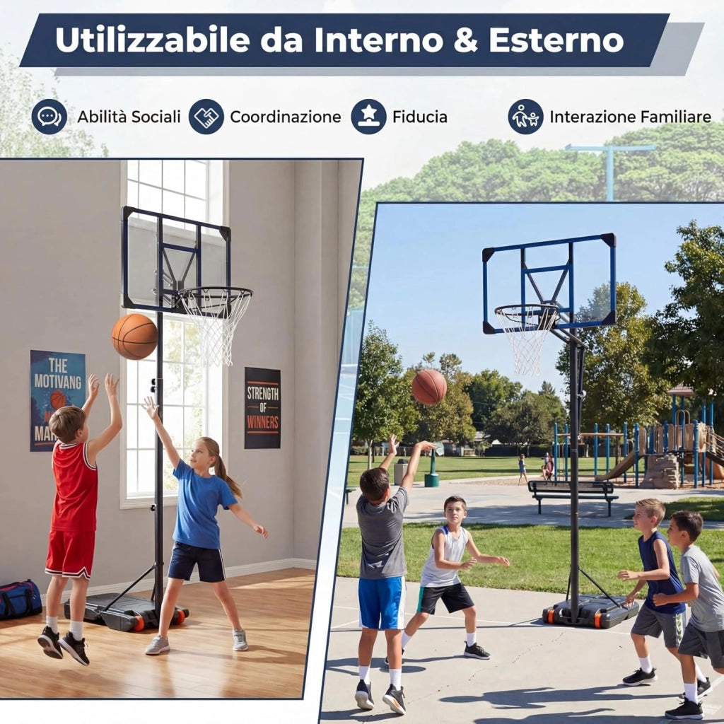 Canestro da Basket da Esterno, Canestro da Basket per Bambini con Altezza Regolabile 206-273,5 cm, Tabellone 82 cm e Base Riempiibile con Ruote, Sistema di Basket Portatile da Interno