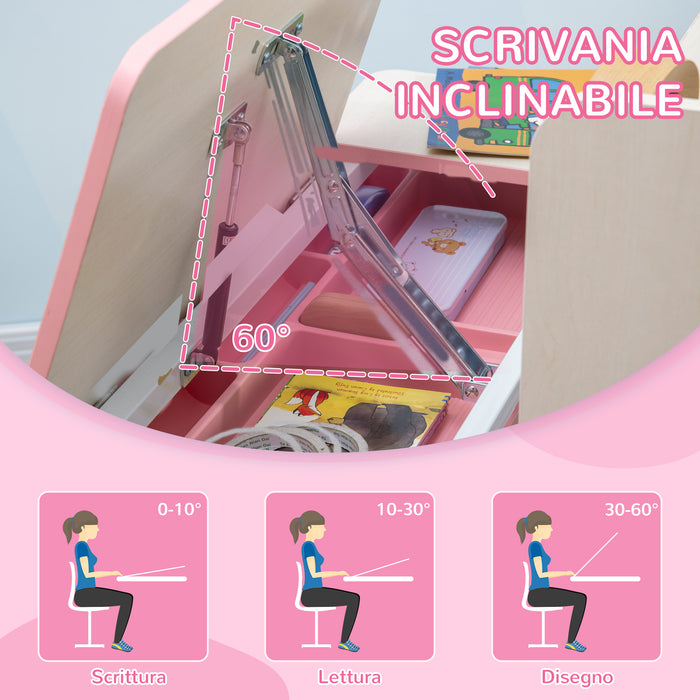 Set Scrivania e Sedia per Bambini da 3 Anni Regolabile Tavolo Inclinabile a 60° con Cassetto e Ripiani in PP e Acciaio