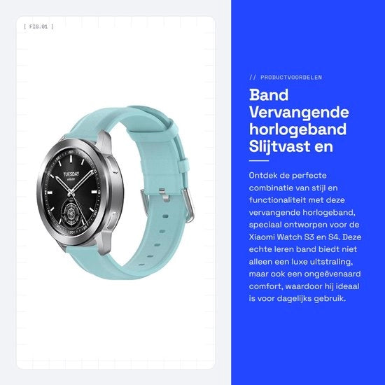 Cinturino - Cinturino sostitutivo - Resistente e traspirante - Blu - Pelle vera - Adatto per Xiaomi Watch S3 e Watch S4
