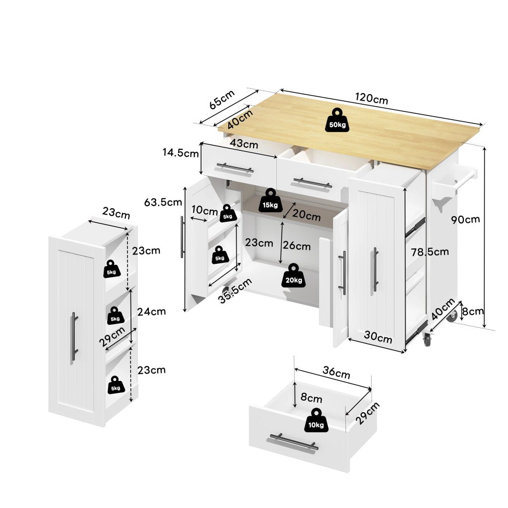 Isola da Cucina Mobile 120x40/65x90 cm Bianca e Legno con Organizer Estraibile, 2 Cassetti e 5 Ruote