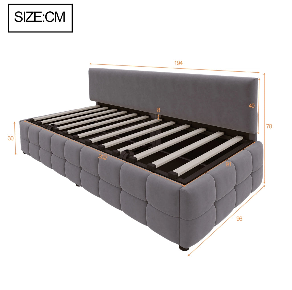 Letto imbottito singolo 90x200 cm con contenitore idraulico; velluto grigio
