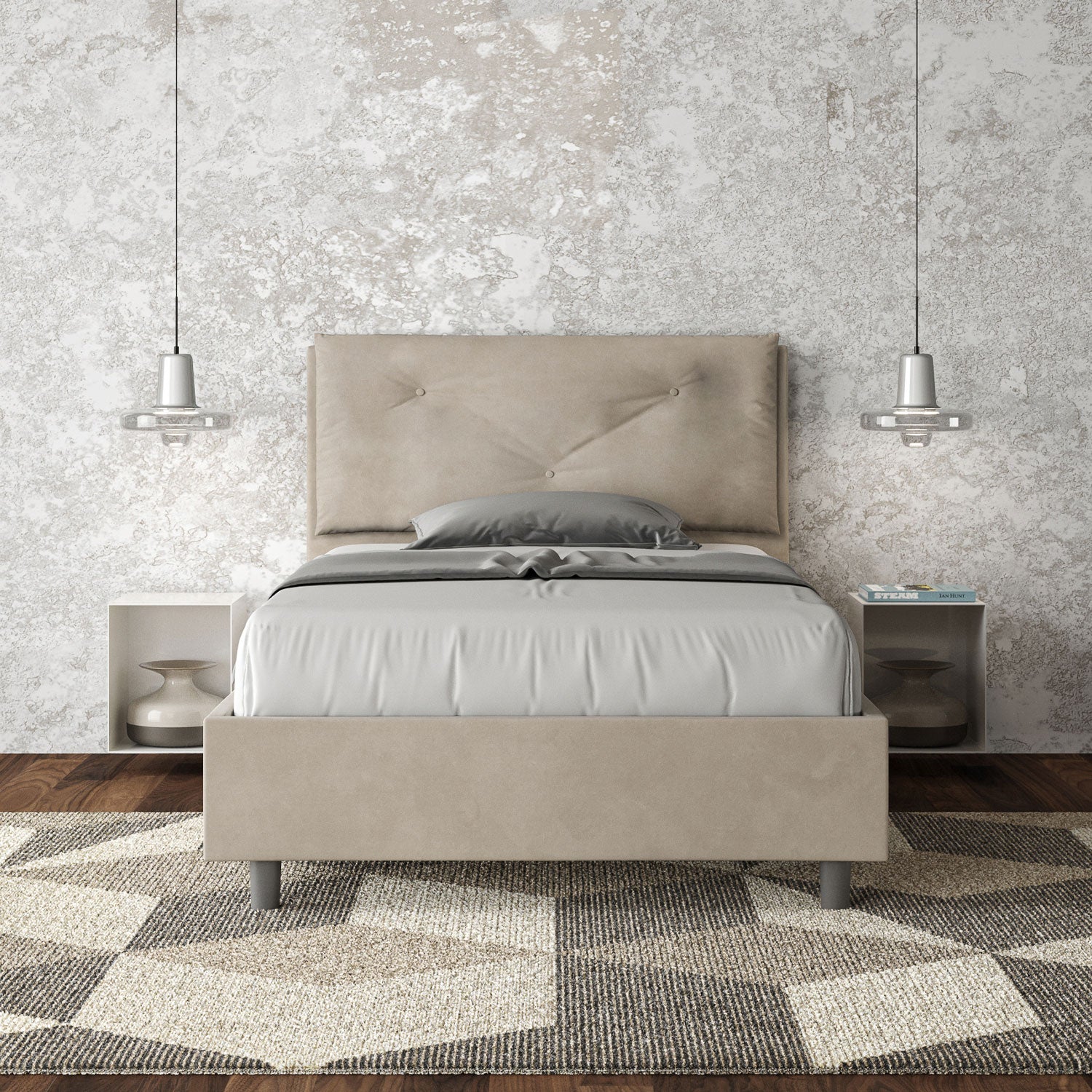 Letto 1 Piazza E Mezzo 120x200 cm con Rete e Contenitore Imbottito in Microfibra Appia Large Sabbia