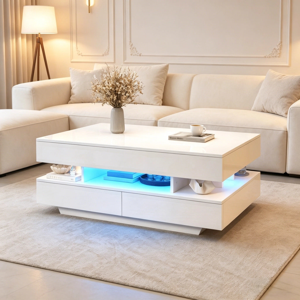 Tavolino da Salotto Sollevabile con LED e Vano Contenitore ¨C MINIMAL ¨C Lucido 100x50x45cm
