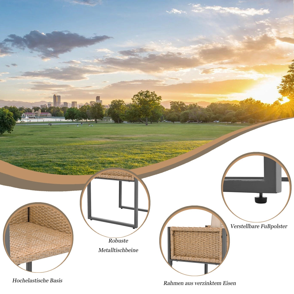 OKWISH Set da 7 Tavolo e 6 Sedie da Giardino per 6 Persone, Cuscini con Rivestimento Sfoderabile, Rattan e Tessuto Nero Marrone