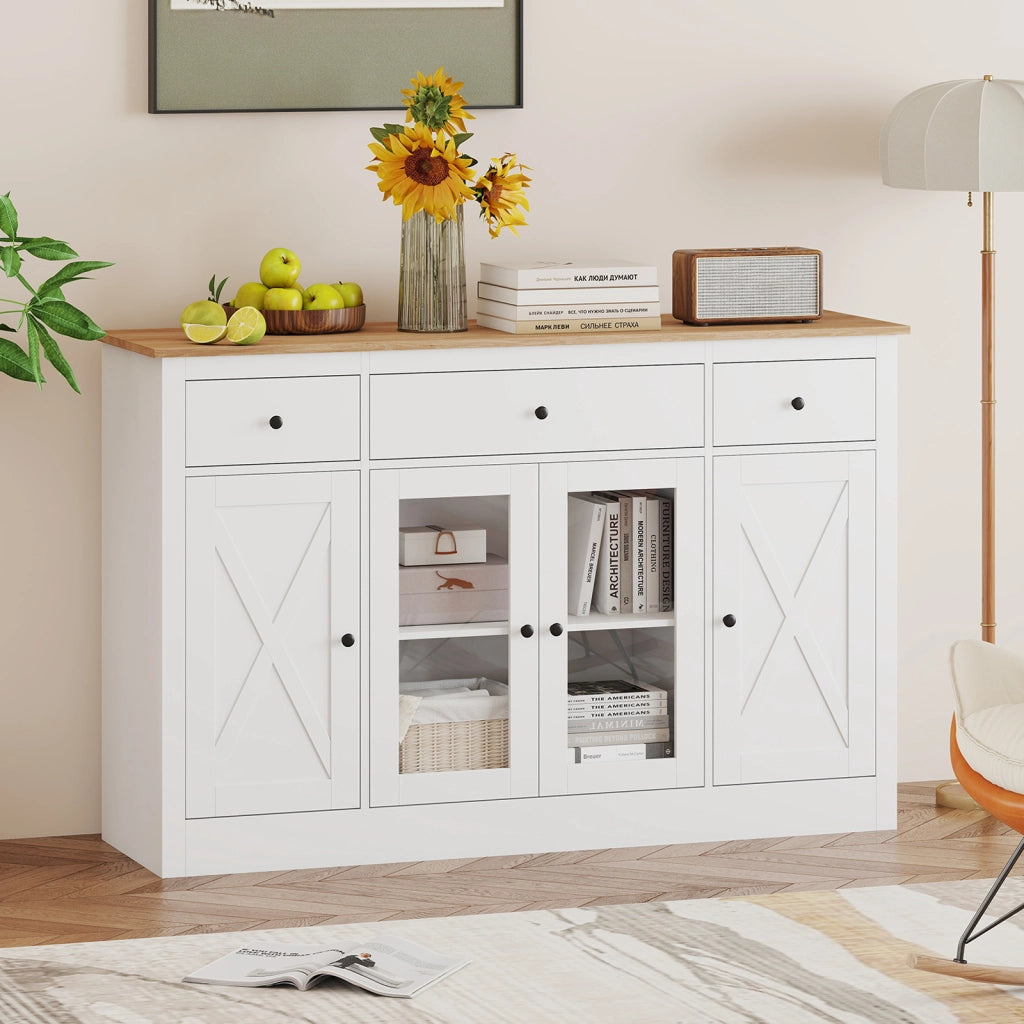 Buffet laterale grande 140 cm con 3 cassetti 2 ante trasparenti-Armadio da Cucina Mobiletto moderno con ripiani regolabili per sala pranzo Bianco