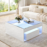 Tavolino da salotto 70 x 70 x 35 cm in MDF bianco con piano in vetro temperato; LED e 2 cassetti