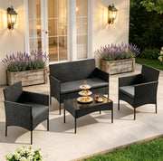 Set da giardino 4 pezzi in rattan nero con tavolino in vetro