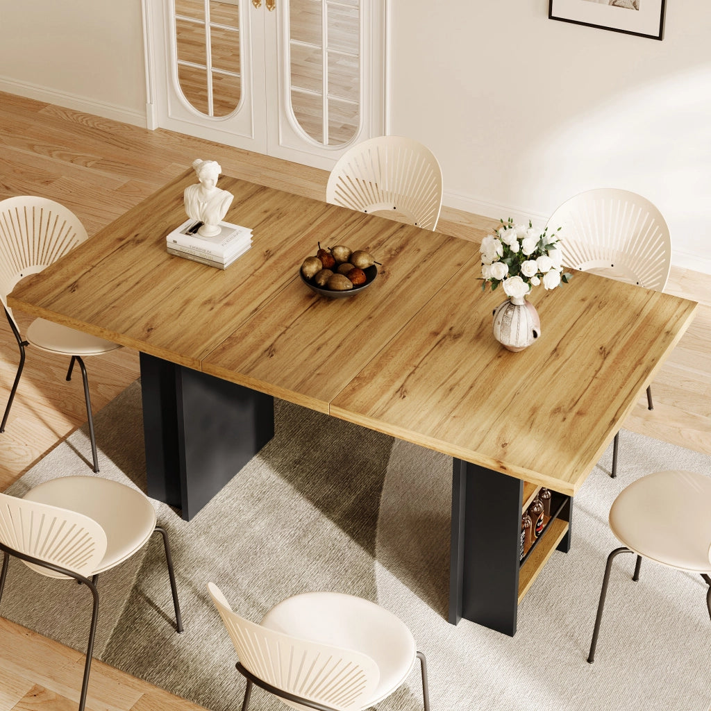Tavolo allungabile con ripiani e vano contenitore, in MDF effetto legno, per soggiorno e studio, 120-160 × 80 × 75 cm