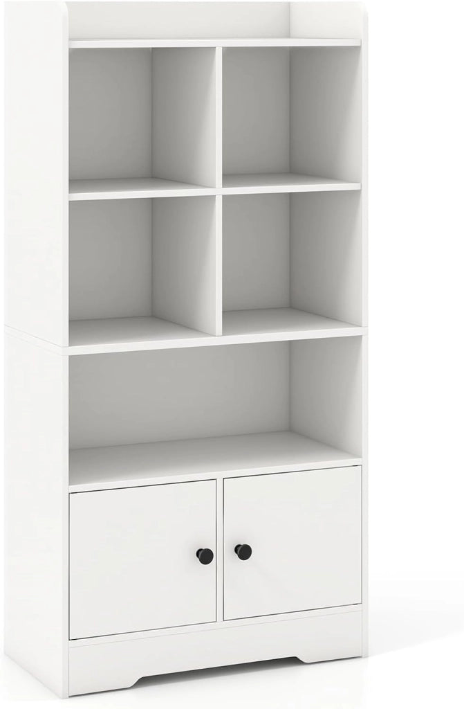 Libreria a 5 Ripiani, Scaffale con 5 Cubi Aperti e Armadio a 2 Porte, Libreria Autoportante con Kit Antiribaltamento per Soggiorno, Camera da Letto e Studio, 60 x 29,5 x 120 cm, Bianco