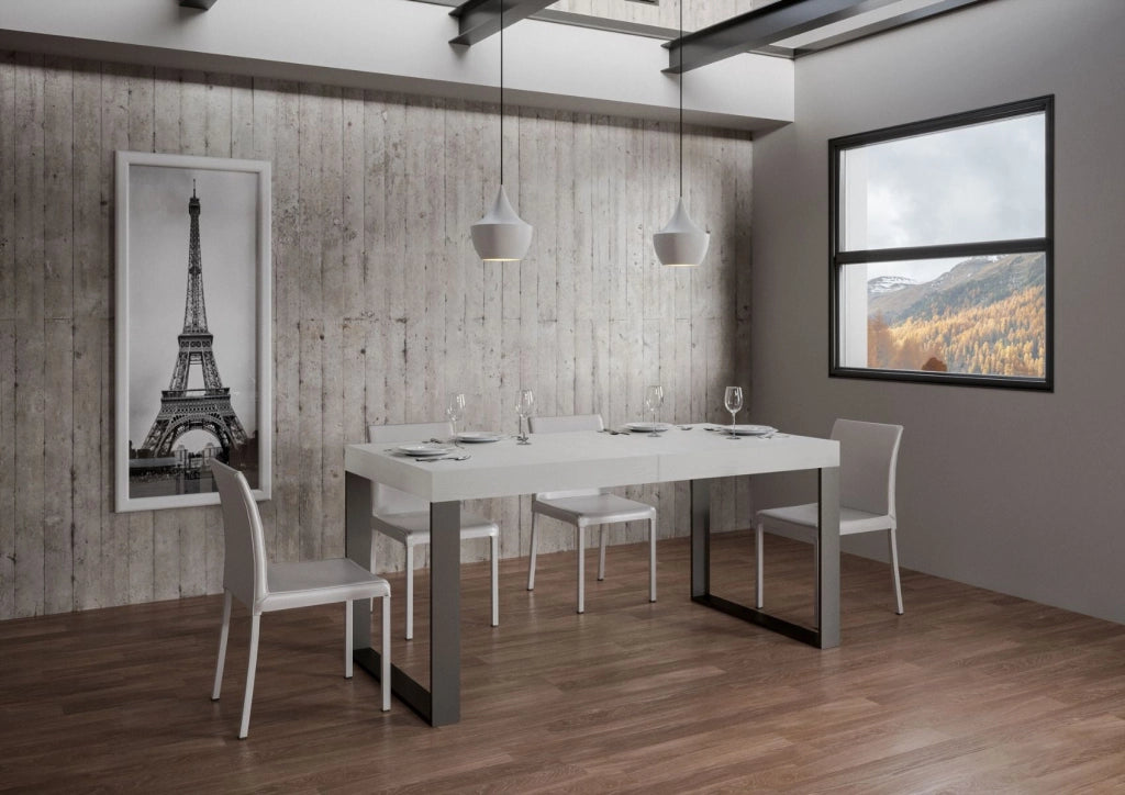 Tavolo Allungabile 140-400x90x77 cm Tecno Premium Bianco Frassino Telaio Antracite
