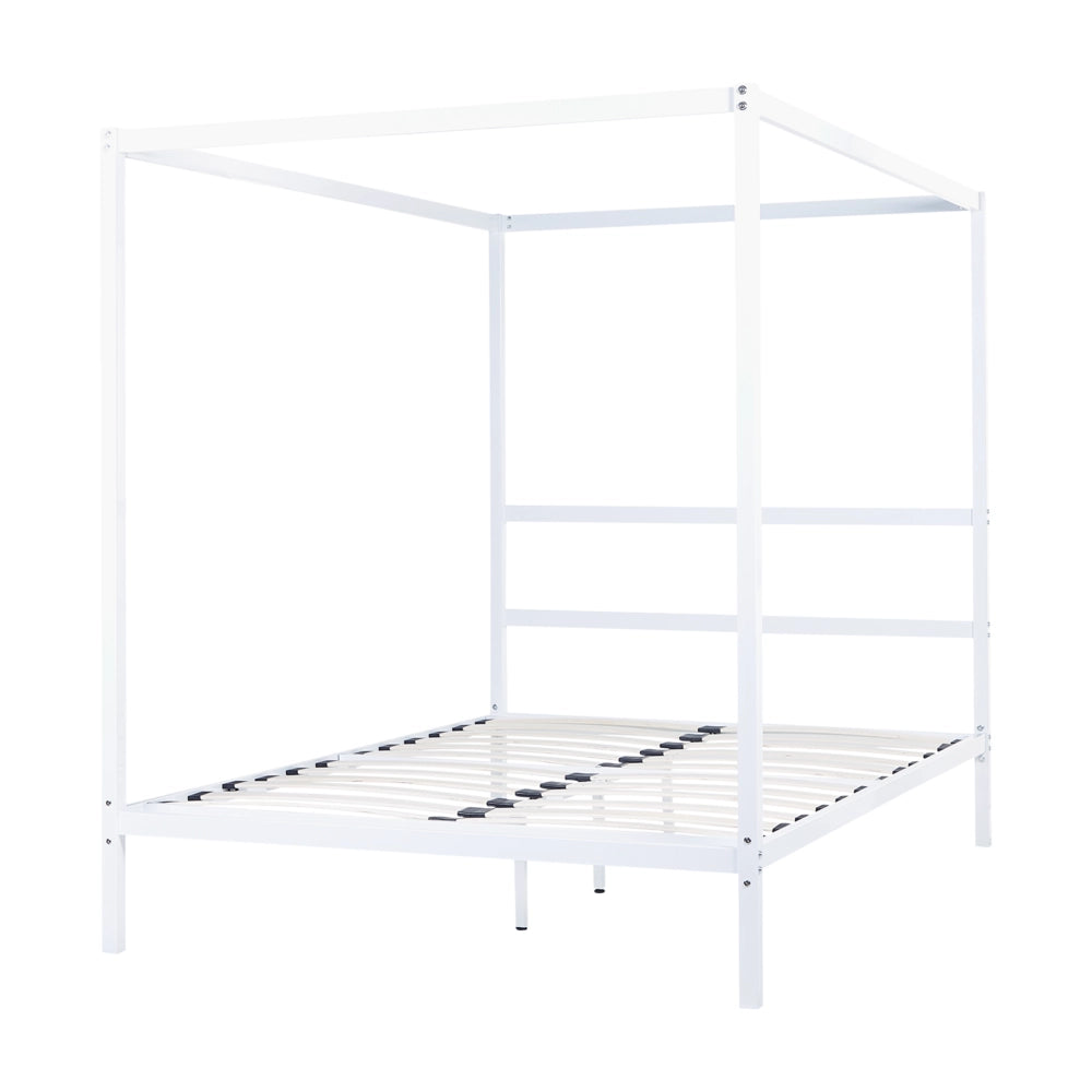 Letto matrimoniale a baldacchino con doghe e struttura in metallo bianco 140 x 200 cm stile industriale moderno