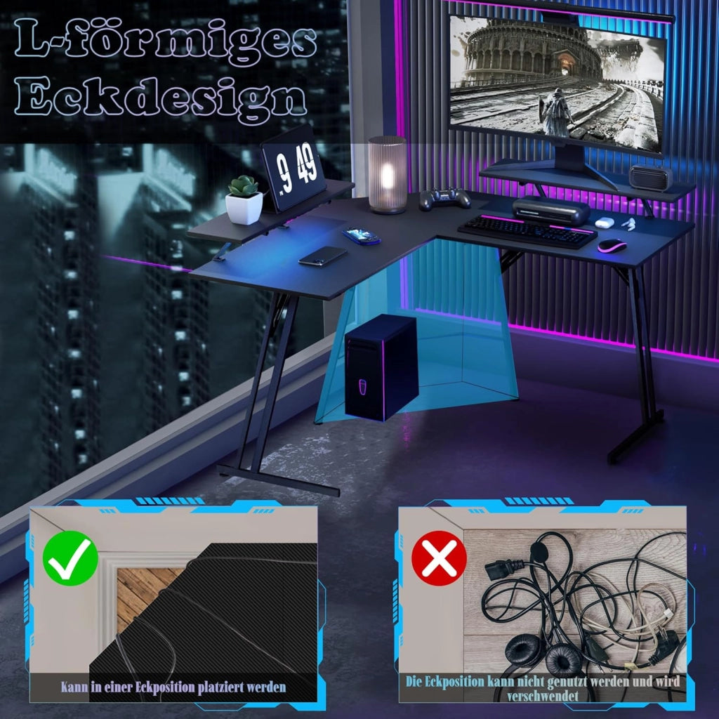 Tavolo da gioco ad angolo, 120 x 120 cm, scrivania a forma di L, con supporto per monitor, scrivania per computer, ufficio, ufficio, casa, nero