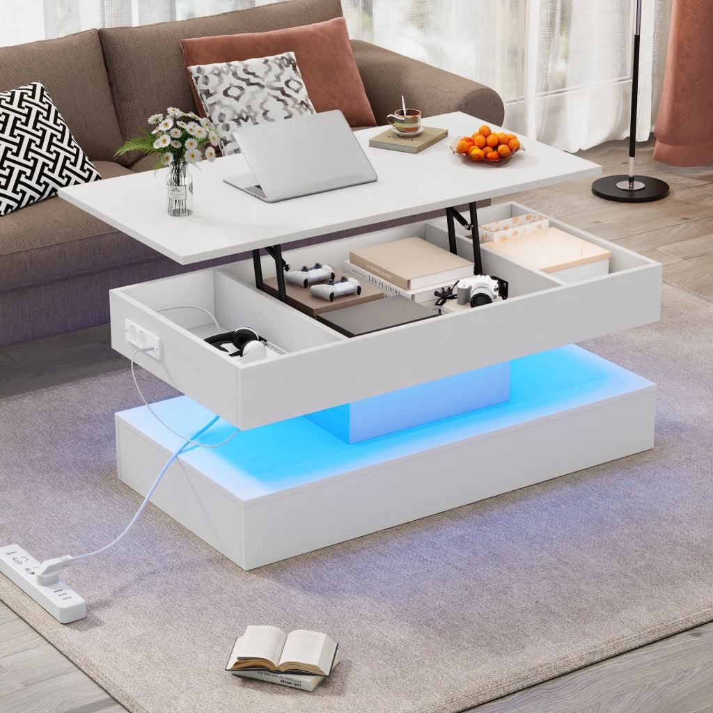 TAVOLO da caffè regolabile 100x50x42 cm bianco con LED, presa EU e vano nascosto