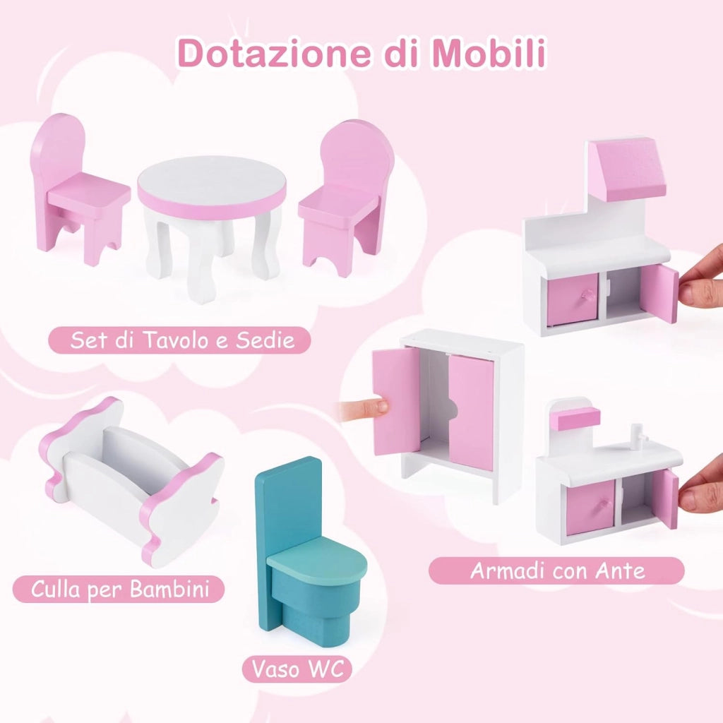 Casa delle Bambole in Legno per Bambina Giocattolo dei Bambini 3 Piani con Mobili e Accessori