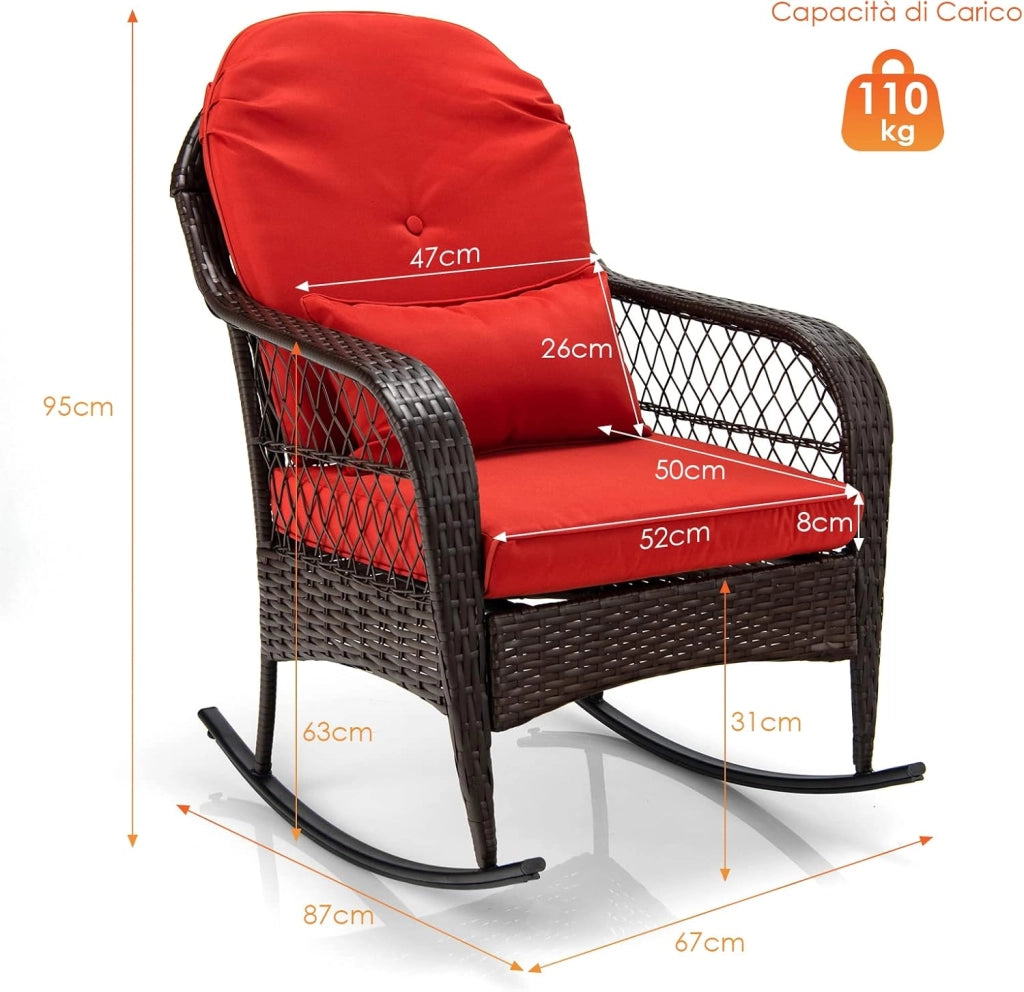 Sedia a Dondolo in Rattan per Cortile, Poltrona da Esterno con Cuscini Morbidi, Struttura in Acciaio Resistente, Sedile Ergonomico per Piscina Balcone Giardino, Carico Massimo 110 kg