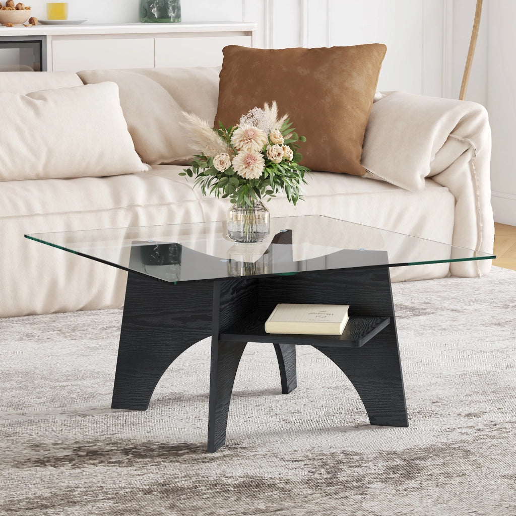 TAVOLINO quadrato 80x80 cm in vetro di sicurezza e MDF nero