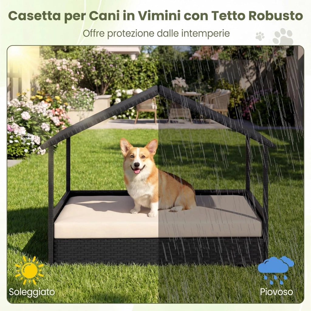 Casetta per Cani da Esterno e Interno, Letto Rialzato in Rattan con Struttura in Metallo, Tetto Impermeabile e Cuscino Rimovibile, per Cani di Taglia Piccola e Media fino a 60 KG (Beige)