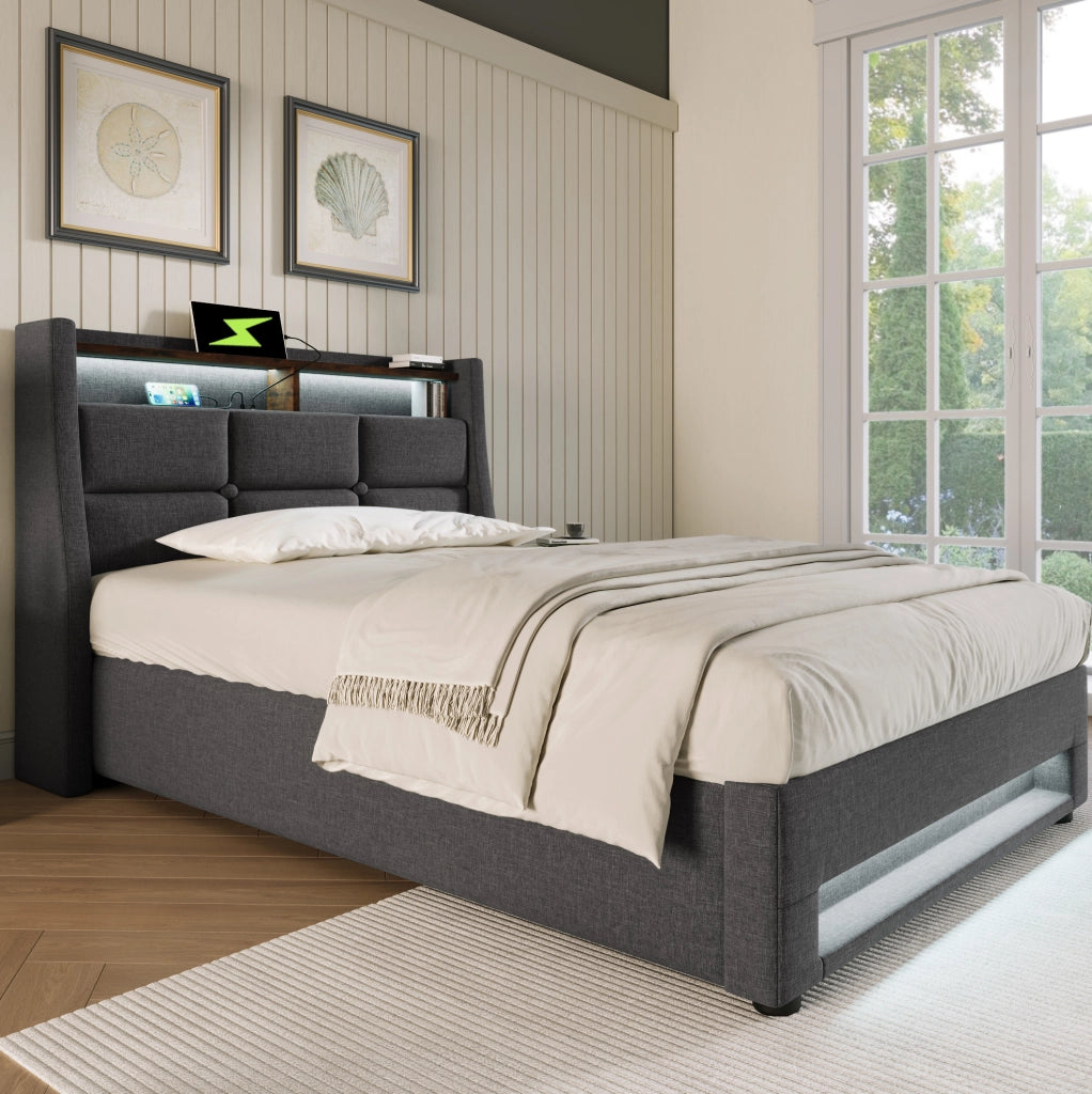 Letto imbottito 90x200 cm con USB e LED; grigio