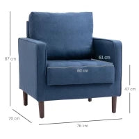 Poltrona Moderna in Tessuto Effetto Lino, Struttura in Legno e Imbottitura Spessa, 76x70x87cm, Blu