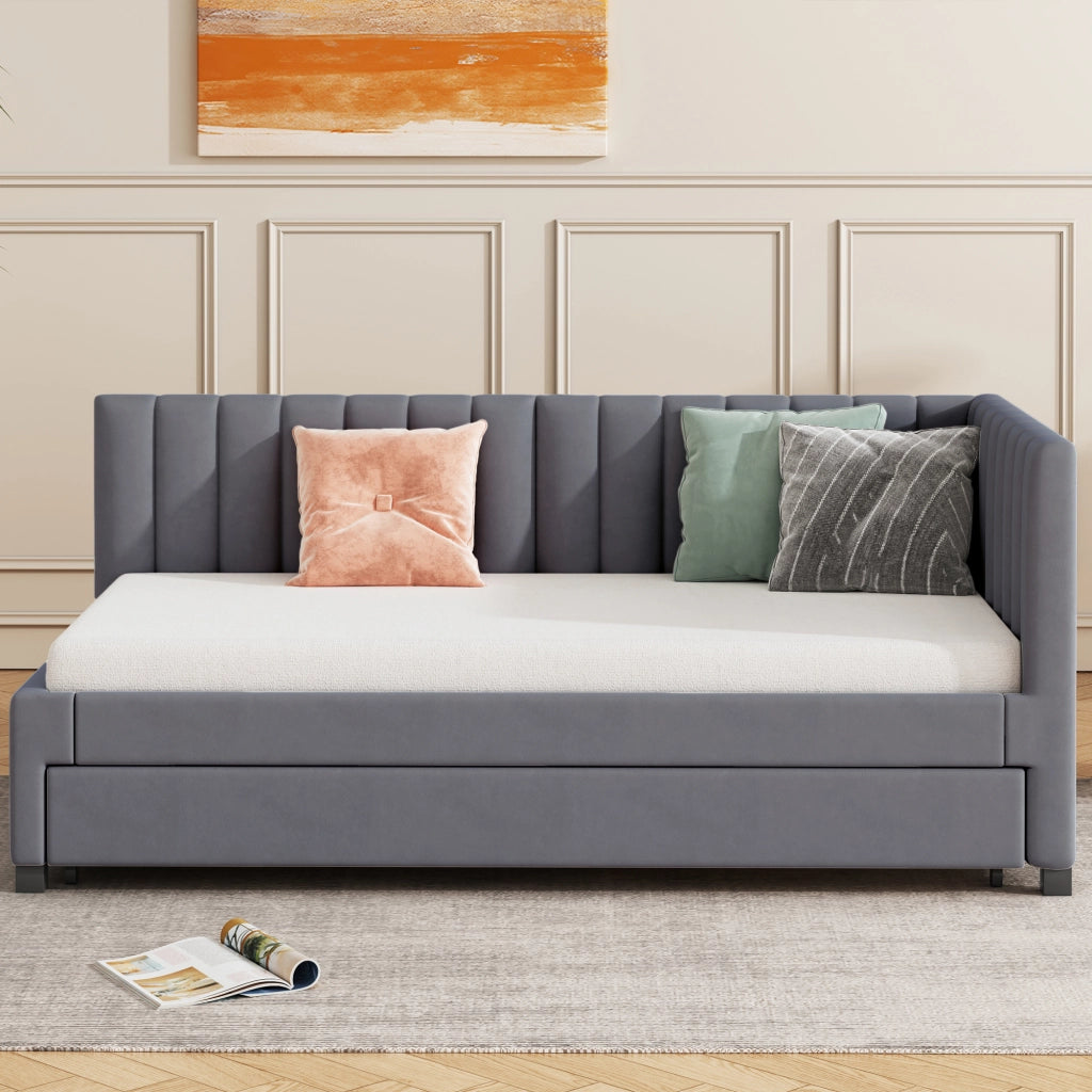 Divano letto estraibile 90x200 cm in velluto grigio, letto singolo con rete a doghe, design multifunzione