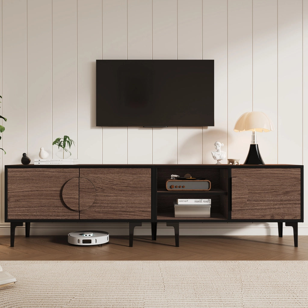 Mobile porta TV con 3 ante e 2 vani aperti per soggiorno in truciolato nero e noce scuro 180 × 35 × 49 cm