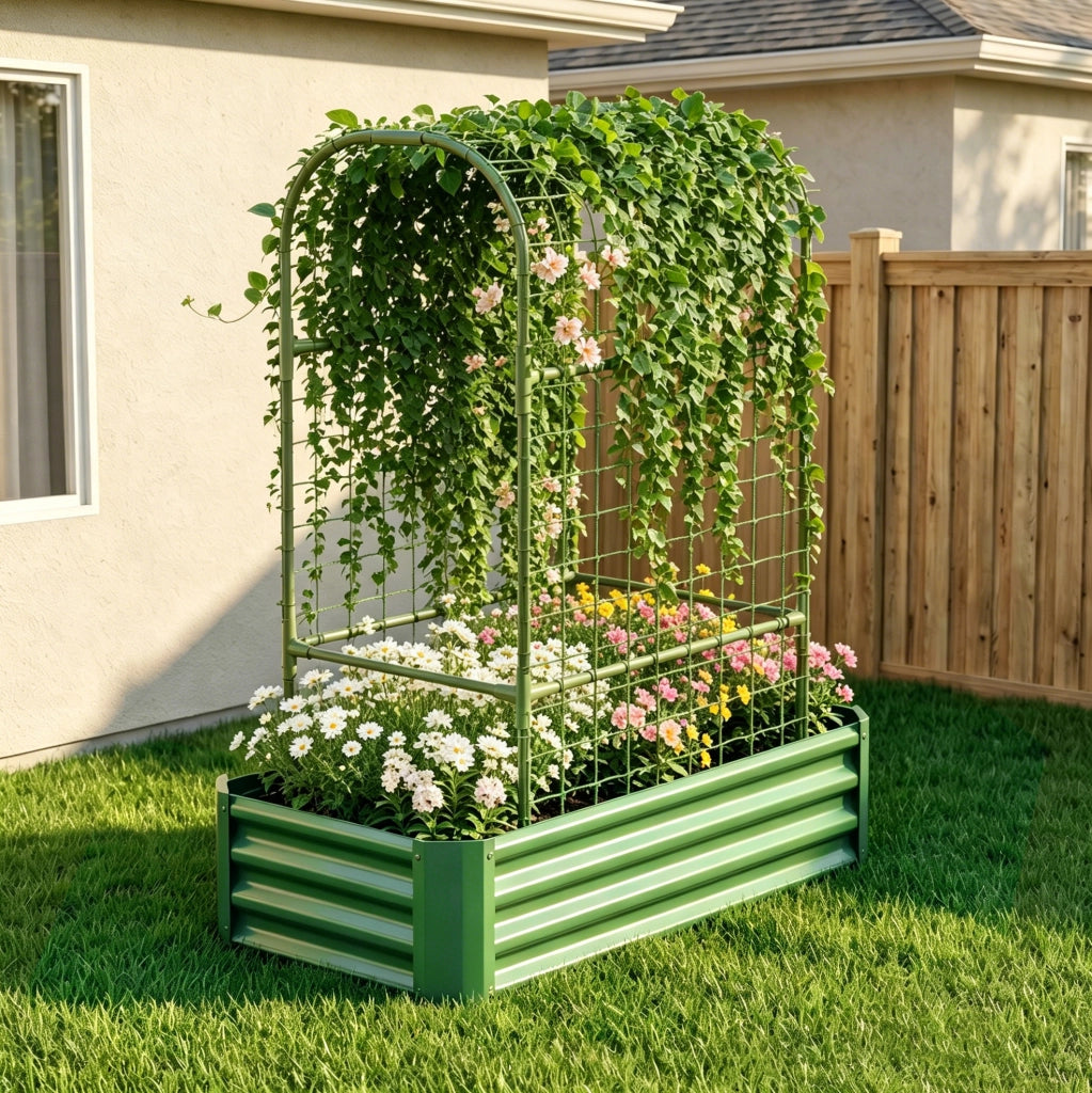 Fioriera rialzata con griglia 120x60x150 cm in metallo verde per terrazza