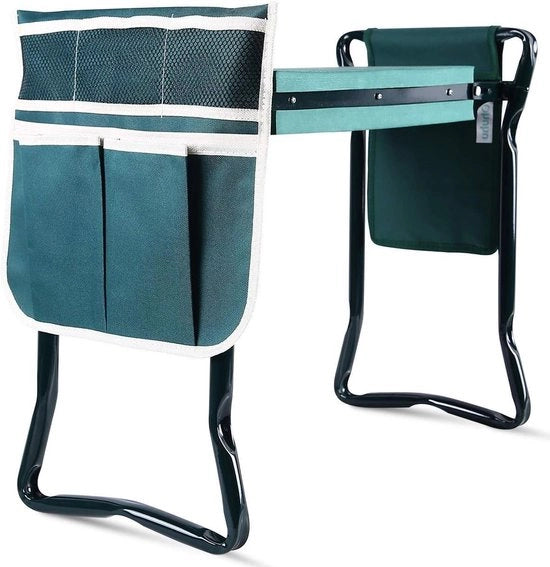 Tuinknieler e sedia 2 in 1 pieghevole con maniglie e cassette per strumenti, cuscino EVA, sedile portatile per adulti, colore verde
