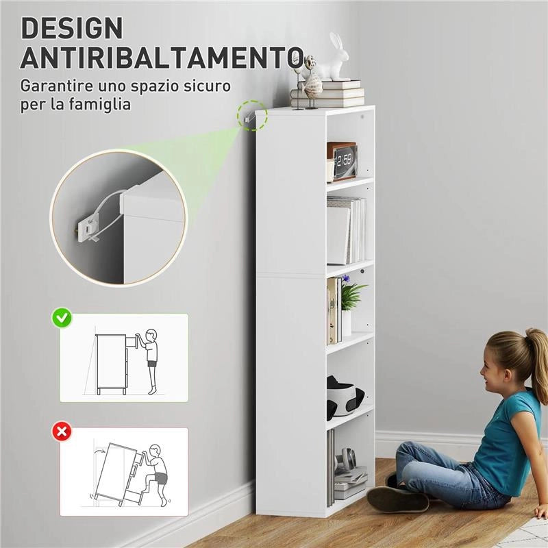 MOBILE LIBRERIA A 5 RIPIANI CON 3 SCAFFALI FLESSIBILI IN LEGNO 60X24X133.5 CM BIANCO