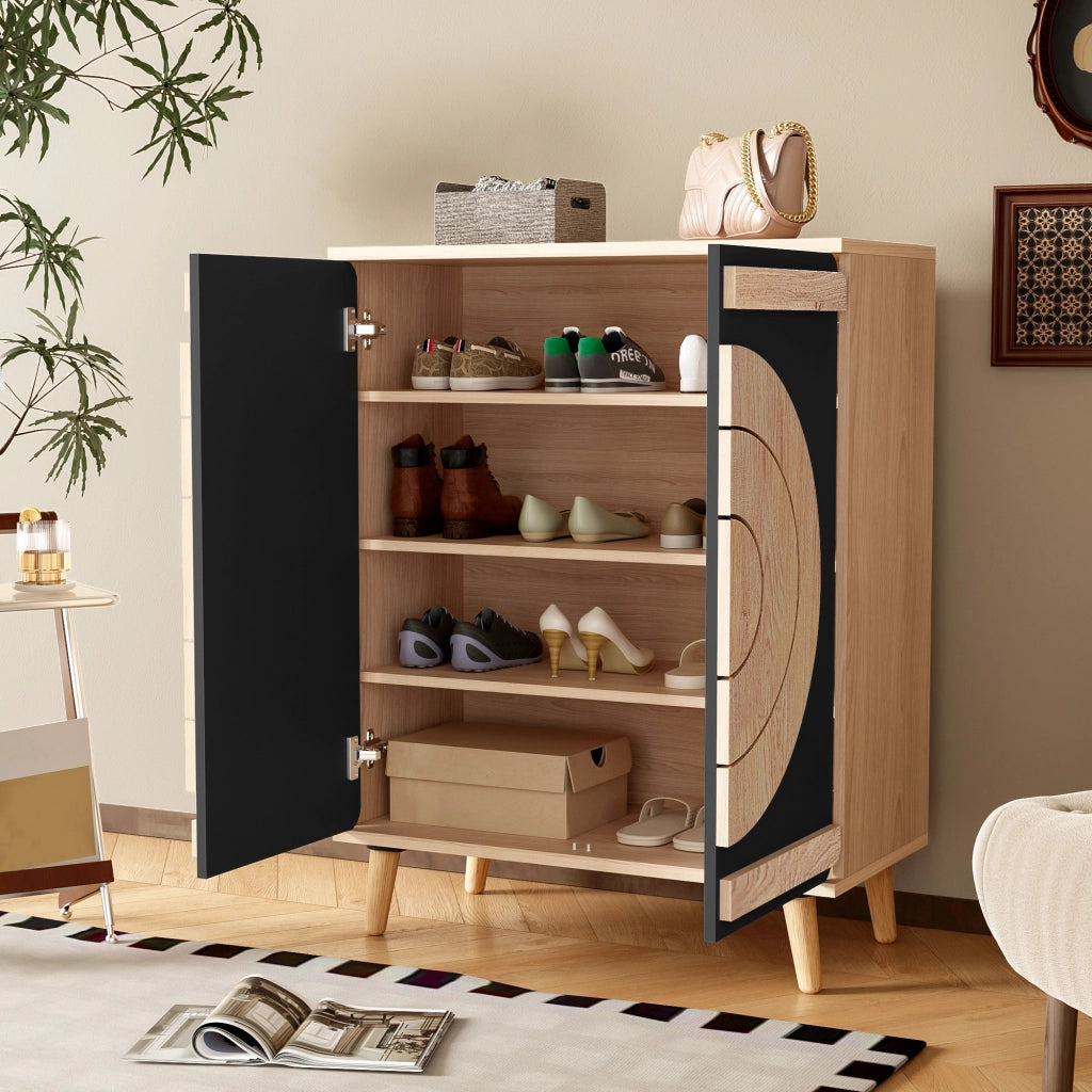Mobile Scarpiera con 2 Ante Geometriche Rotonde; Ripiani Multilivello; Stile Moderno; in MDF; Nero; 76×37×98;5 cm