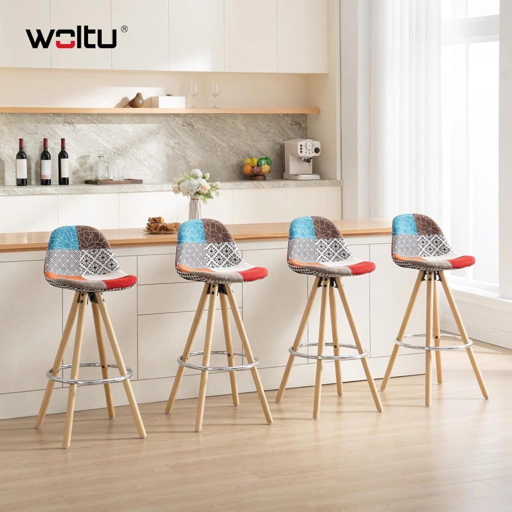 Sgabelli Bar Set di 2, Sedia Alta con Schienale e Poggiapiedi per Isola Cucina, Pub, Sala da Pranzo, in Gambe Legno, Lino, Patchwork