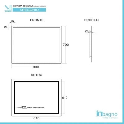 Specchio bagno 90x70 cm reversibile con cornice LED bianco naturale