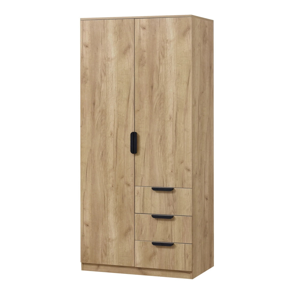 Armadio moderno per camera da letto mobile contenitore senza tempo 1 asta appendiabiti 4 ripiani 3 cassetti MDF 176 x 80 x 52 cm effetto rovere 03_0006370