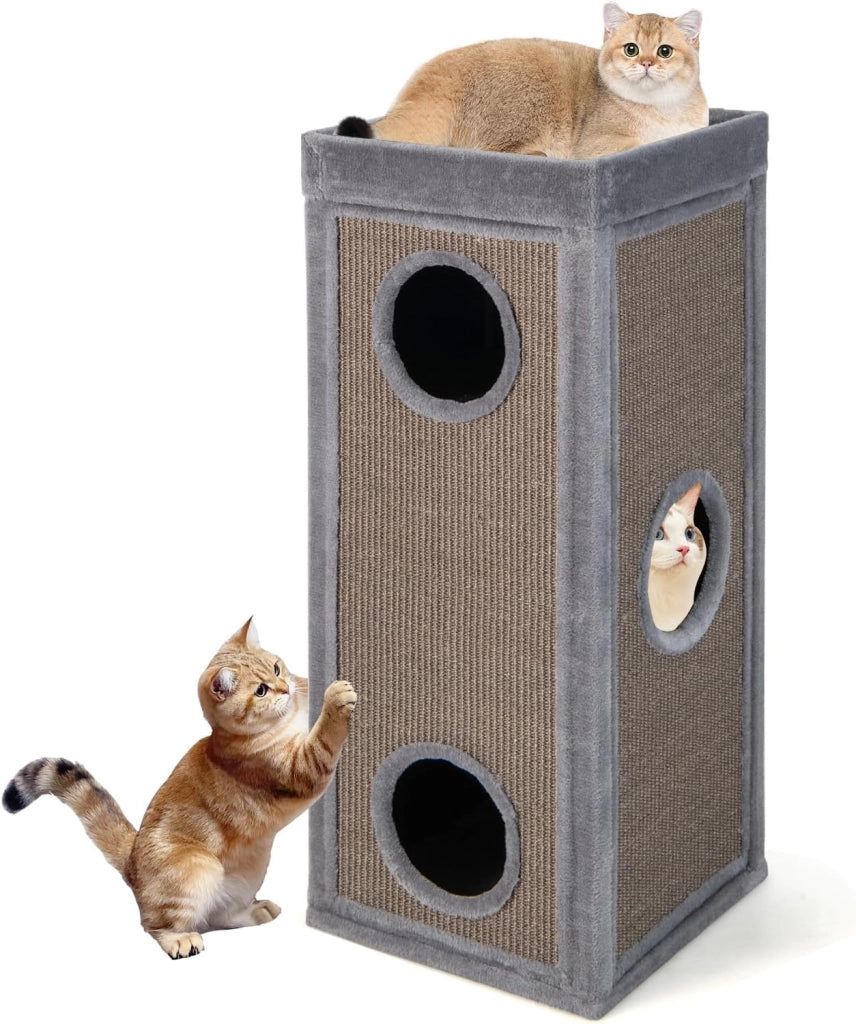 Casa per Gatti a 4 Piani, Condominio per Gatti Alto 99 cm con Trespoli per Graffiare, 3 Nascondigli e 4 Morbidi Cuscini in Peluche, Mobili per Gatti Moderni a Forma di Barile (Naturale)