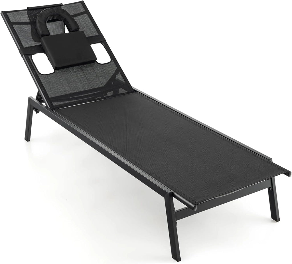 Lettino Abbronzante con Apertura per Viso e Fori Laterali, Sedia a Sdraio Regolabile in 5 Posizioni con Cuscino Rimovibile, Ideale per Giardino e Piscina, Lettino Estivo in Metallo