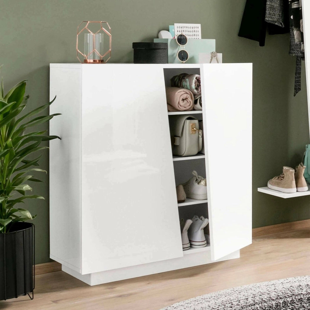 Scarpiera Apetta, Made in Italy, a 2 ante, Portascarpe da ingresso, Mobile multiuso, cm 80x38h86, Bianco lucido