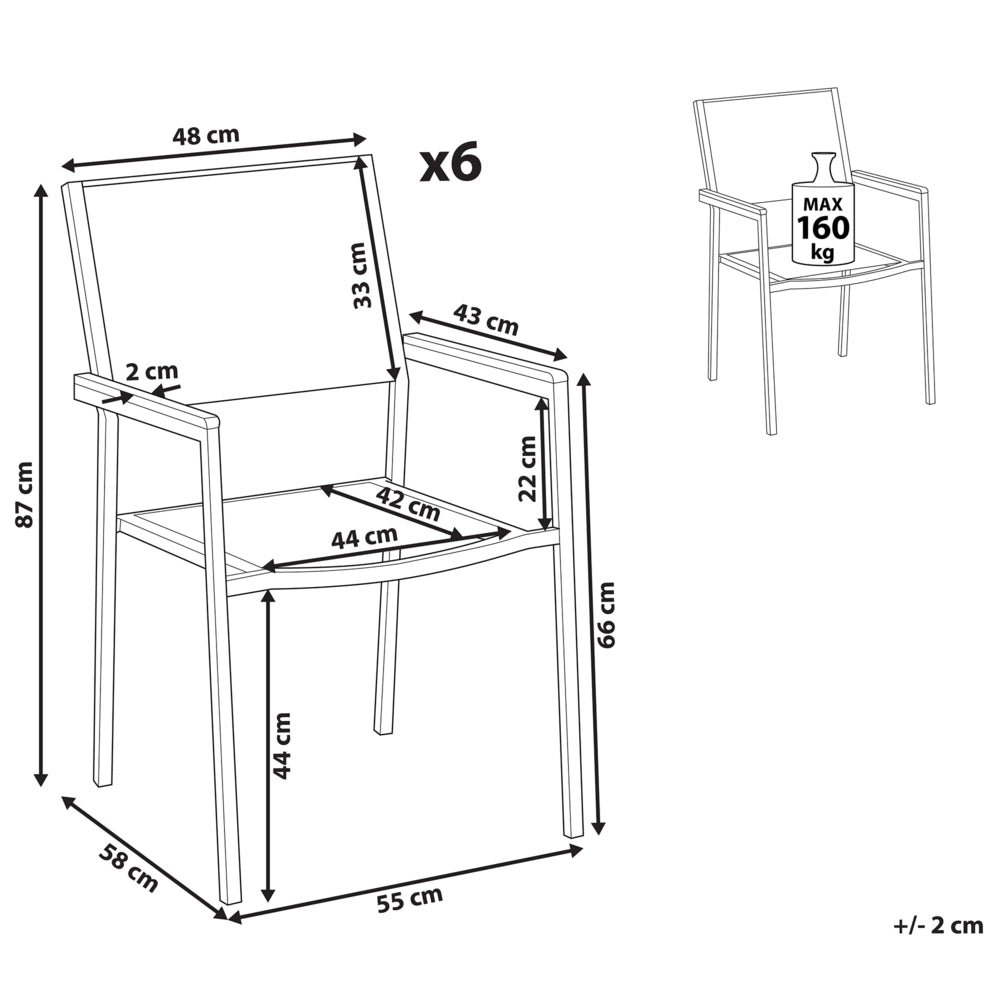 Set di 6 Sedie da Pranzo da Giardino Seduta in Tessuto Nero e Argento Gambe in Acciaio Inox Impilabili per Esterno