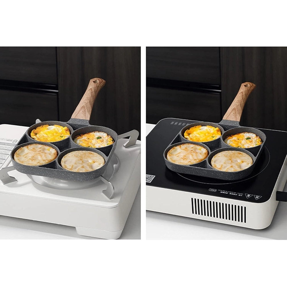Trade Shop - Padella Antiaderente A 4 Fori Per Uova Pancake Manico In Legno Accessori Cucina 624386 -