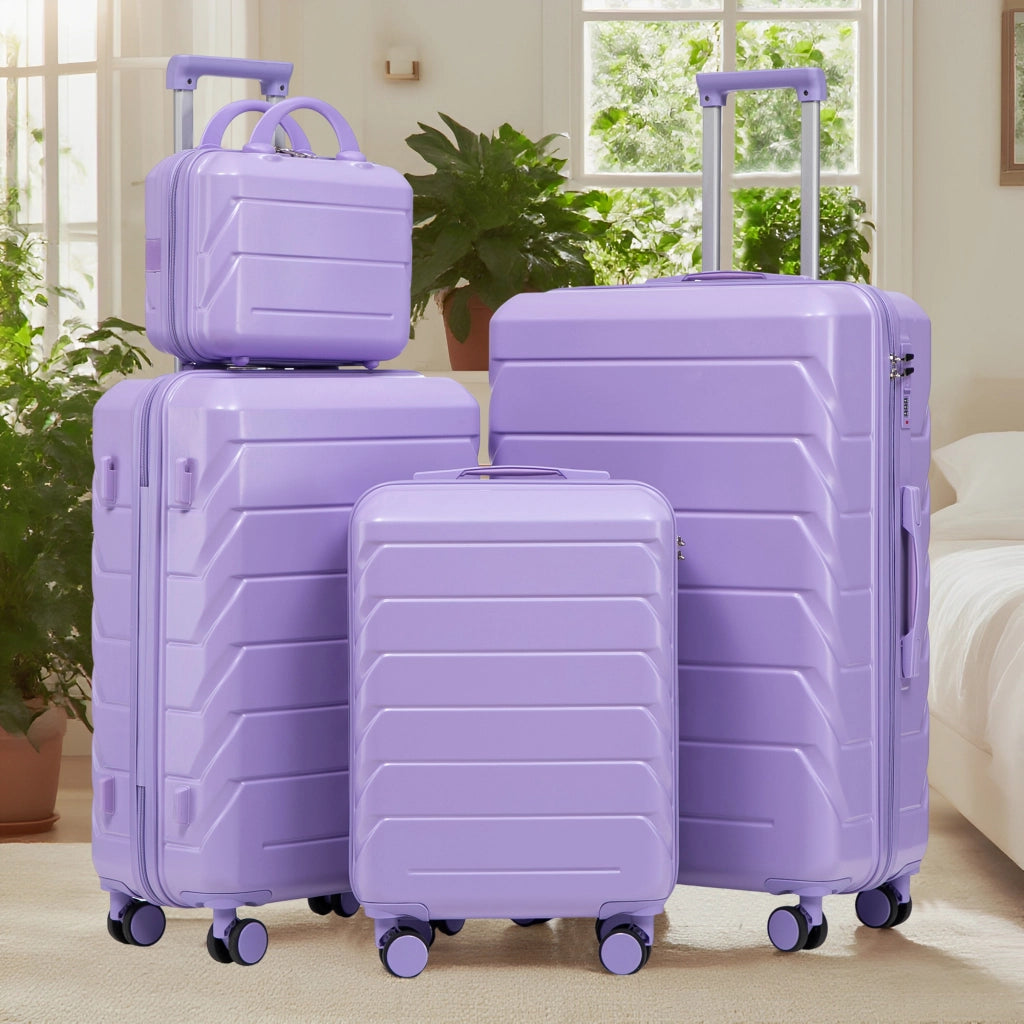 Set di valigie rigide in ABS con trolley a 4 ruote doppie, manico telescopico e borsa cosmetica blu e viola