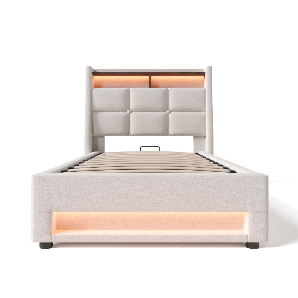 Letti contenitori 90x200 cm con LED e USB; lino beige (Senza materasso)