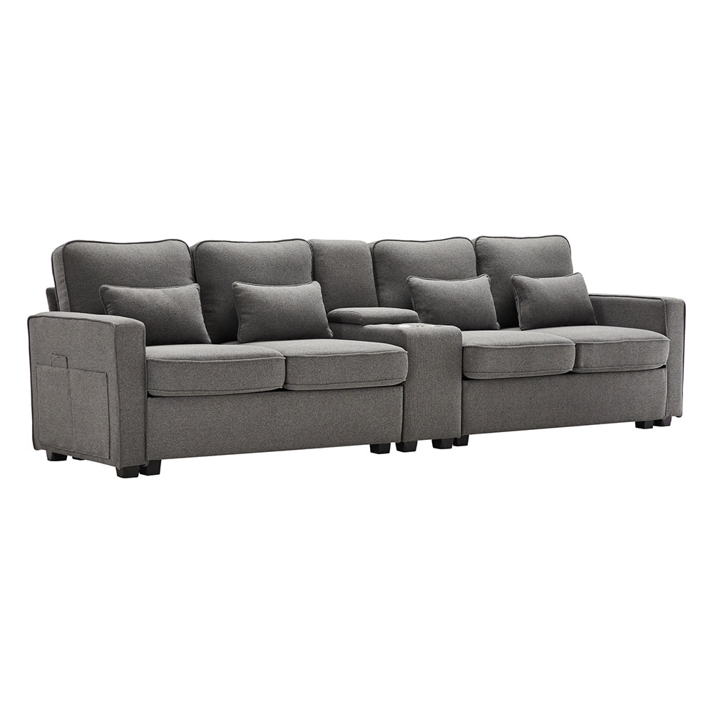 Canap?? 4 posti con braccioli portaoggetti - Xylo - Grigio scuro tessuto lino con console