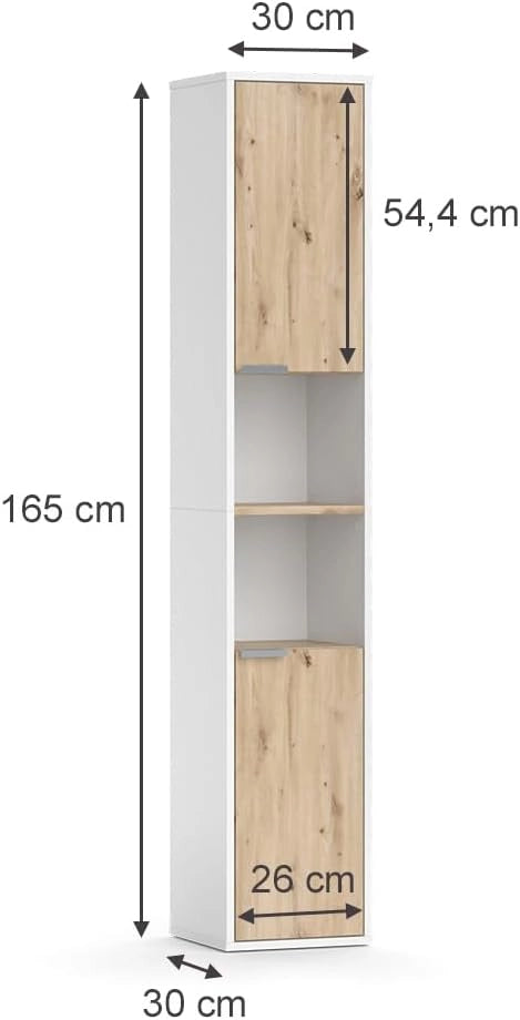 Armadio per il bagno Henri, Bianco, 30 x 165 cm con ante e vani a giorno, per il montaggio sotto il lavandino con ritaglio per sifone