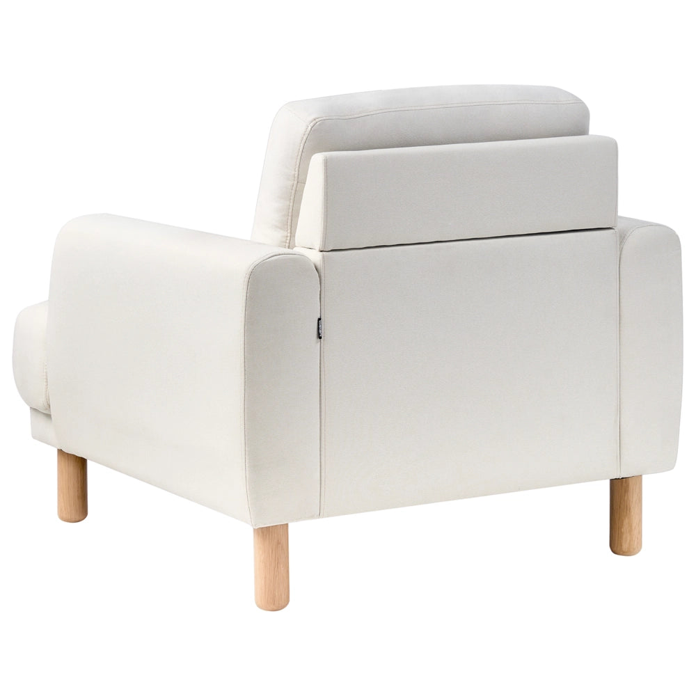 Poltrona retrò con rivestimento in poliestere gambe in legno spessa seduta in tessuto bianco sporco soggiorno moderno e minimalista