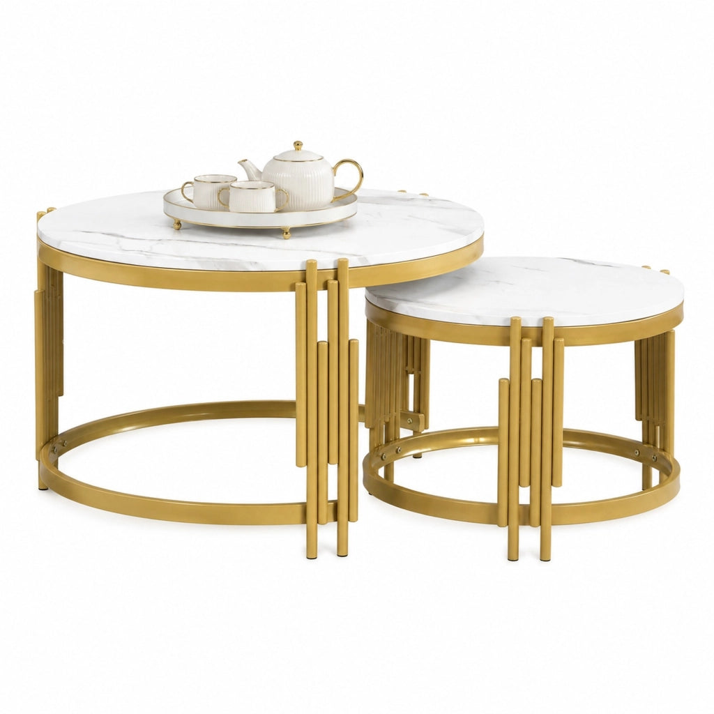Set di 2 tavolini da caffè rotondi impilabili effetto marmo; MDF e metallo; bianco e ottone anticato