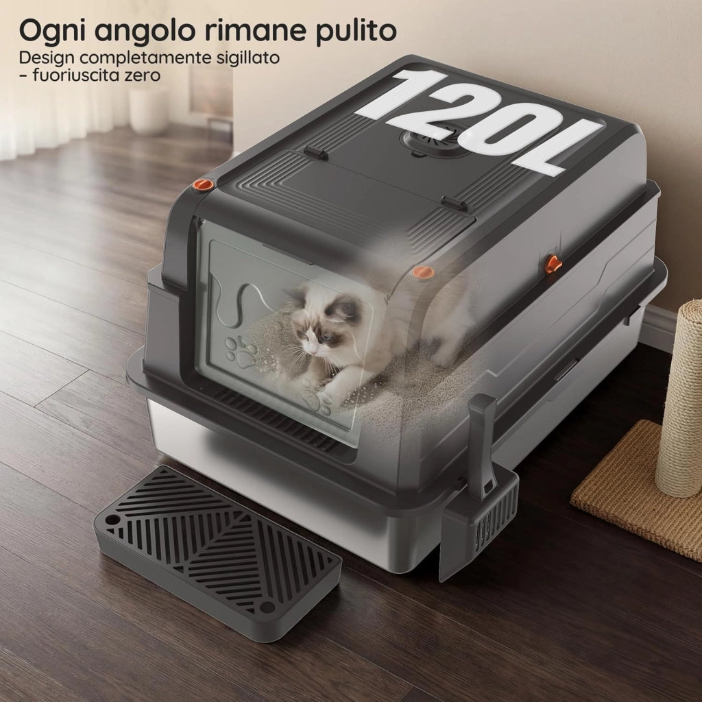 Lettiera Per Gatti In Acciaio Inox, Lettiera Gatto Acciaio Inox XXXL Smontabile Chiusa, Antifuga Liquidi, Vassoio Antiaderente, Facile Pulizia, Con Deodorante E Paletta. Per Gatti Fino A 20 Kg