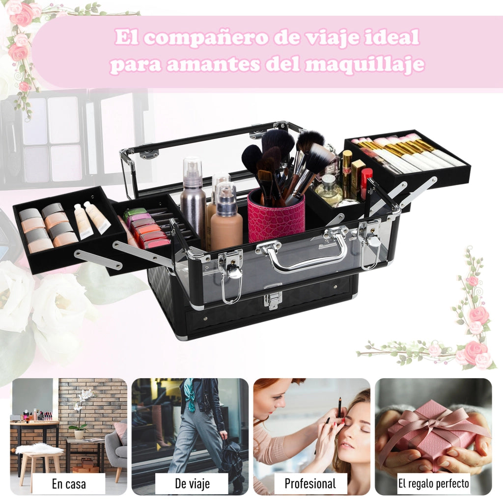 Organizzatore Portatile per Trucco e Gioielli con Bandeje Estraibili ¨C Zephmum ¨C 30x18,5x22 cm Trasparente e Nero