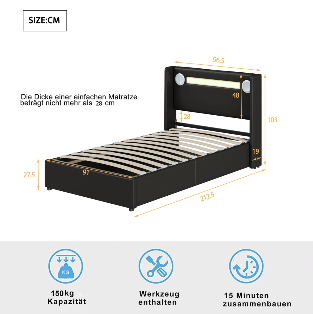 Letto imbottito 90x200 con LED, Bluetooth e ampio contenitore