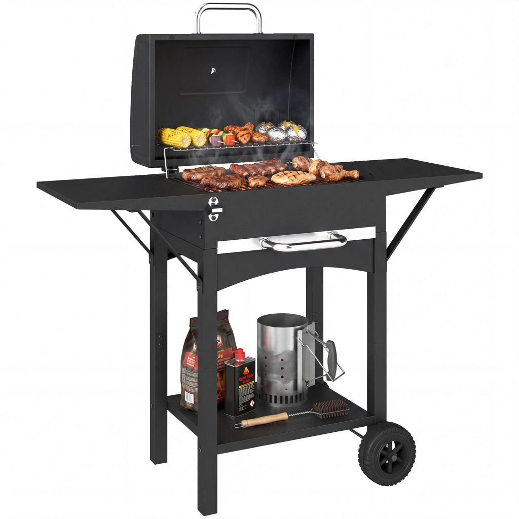 Barbecue a Carbone con 2 Ripiani Laterali, Termometro, Coperchio e Ruote, 110x46.5x101 cm, Nero