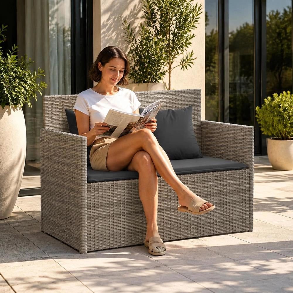 Garden Bench With Cushions, Grey Poly Rattan