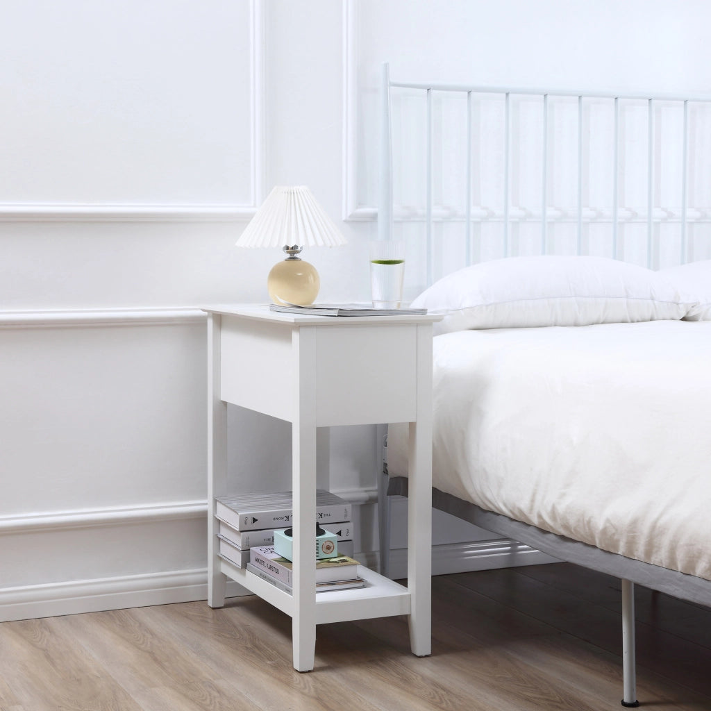 Comodino con Ripiano e Foro per Cavi ¨C zephmum ¨C Bianco 60,5x32,5x70 cm