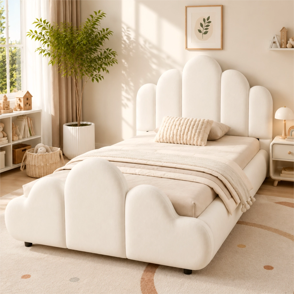 Letto imbottito per bambini con testiera e angoli arrotondati, 90x200 cm, velluto beige